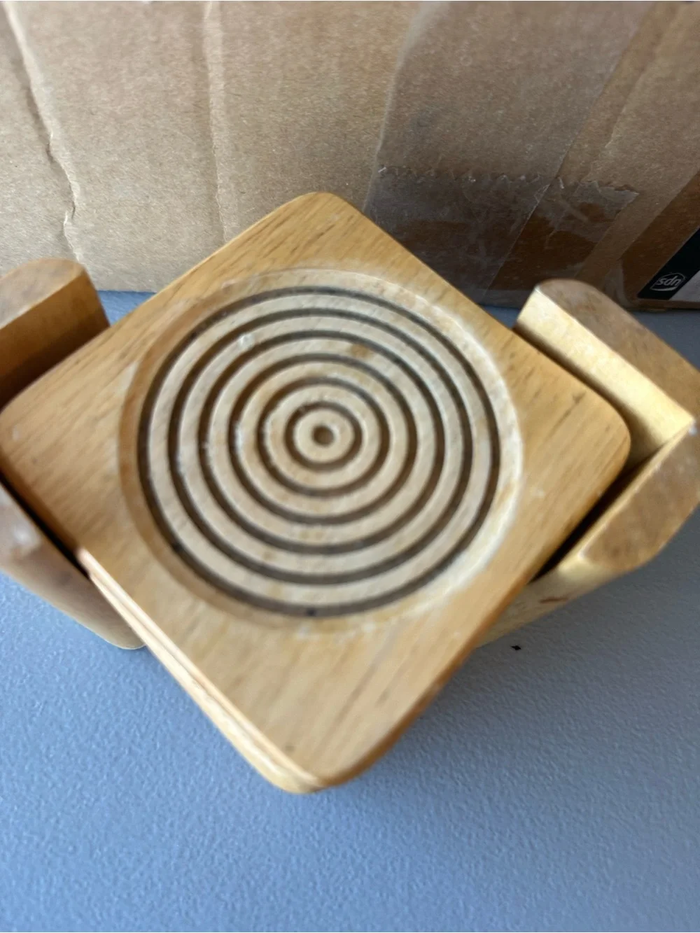 Vintage Wooden Square Coasters Set with Holder - Natural Light Brown